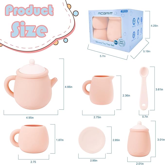 MCGMITT Silicone Tea Party Set, Toy Tea Set for Toddlers Kids, Includes Teapot, 4 Tea Cup and Coasters, Creamer, Sugar Bowl, 4 Spoon, Dishwasher Safe Pretend Teapot Set for Girls Boys Birthday Gifts