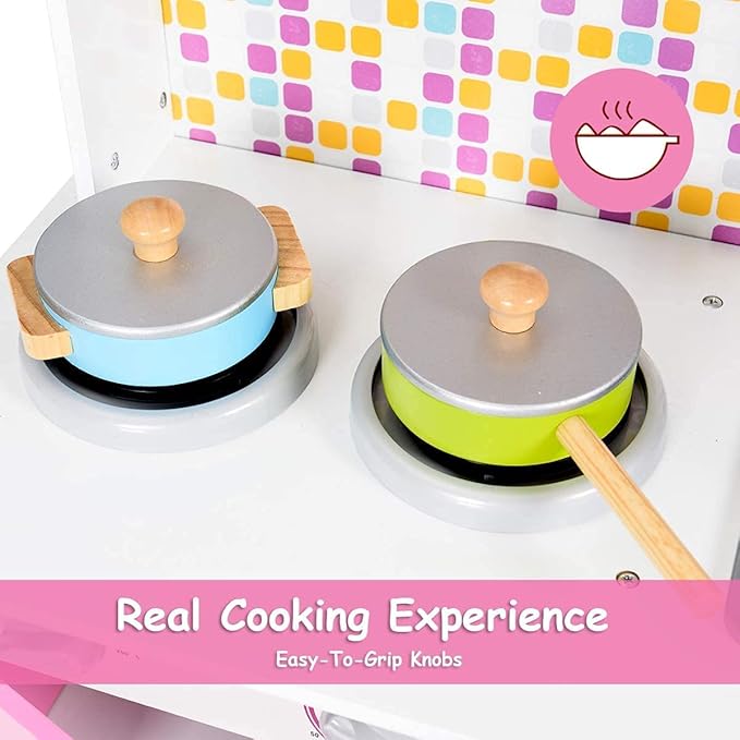 OLAKIDS Kids Kitchen Playset, Wooden Play Kitchen for Toddlers with Real Sounds, Stove Microwave Oven Sink Faucet, Large Storage Cabinet, Pretend Play Toys Cooking Gift for Boys Girls (Pink)