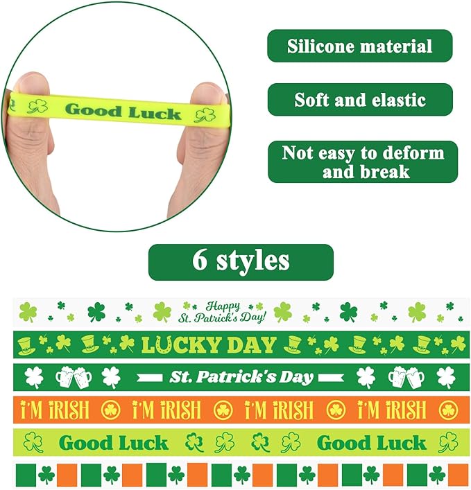 NEBURORA 72 Pcs St. Patrick's Day Rubber Bracelets Green Lucky Shamrock Silicone Wristbands for St Patricks Day Accessories Party Decoration Favors