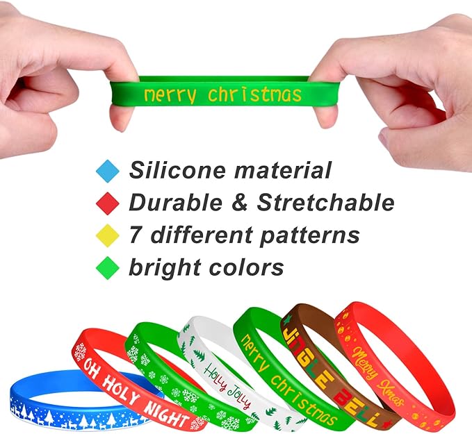 FEPITO 70 Pieces Christmas Silicone Wristbands Rubber Band Bracelets for Christmas Party Decoration Supplies 7 Merry Xmas Style