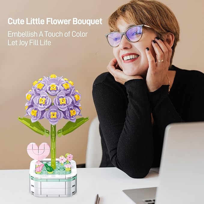 Flower Bouquet Building Set with Base, Flower Building Set Artificial Plant Flowers Building Blocks for Home Office Decor, Birthday Gifts, Desktop Trinkets Age 6+