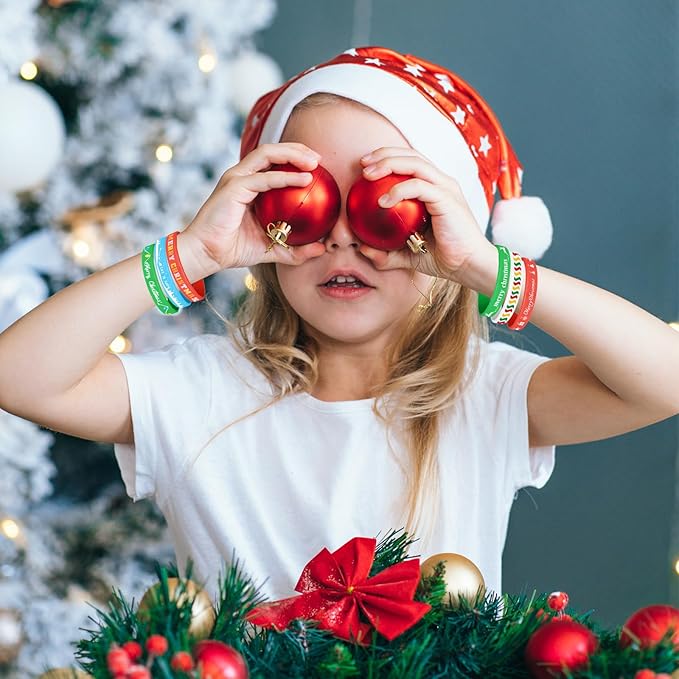NEBURORA 72 Pack Christmas Wristband 6 Style Silicone Bracelet Xmas Rubber Band for Christmas Party Decor Merry Christmas Pattern Wrist Band Party Supplies
