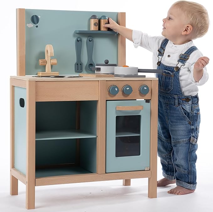 Wooden Kitchen Play Set - Green - Standing Appliance Toy, Cooking & Food Accessories, Storage-Oven-Sink, Pretend Play Station, Kid Age 3+