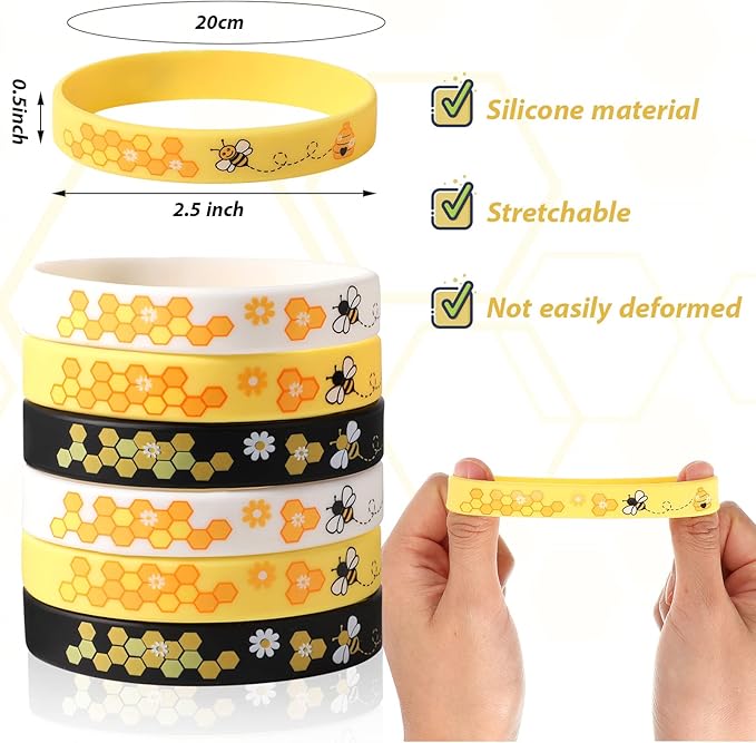 Bee Bracelet Silicone Bee Wristband Assorted Color Bee Theme Party Favors Bee Teachers Decorations Classroom Decorations Bees Wristband for Boy Girl Bee Birthday Baby Shower Party Supply (192 Pieces)
