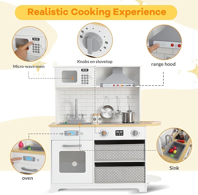 Modern Play Kitchen for Kids,33.4''Toddler Play Kitchen with Toy Storage System,Wooden Kids Play Kitchen Set with Play Features,Kids Pretend Play Kitchen with Cookware Accessories for Ages 3+(White)