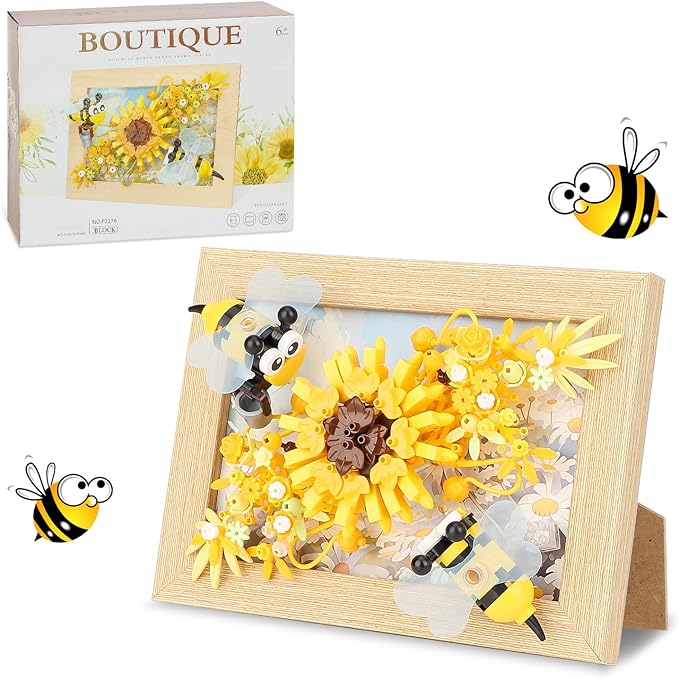Bee Insects Flowers Photo Frame Micro Mini Bricks Building Set, Botanical Collection Wall Art Home Office Decor, Ideas Gift Building Toy for Boys Girls Adults(Not Compatible with Lego Set, P2276)