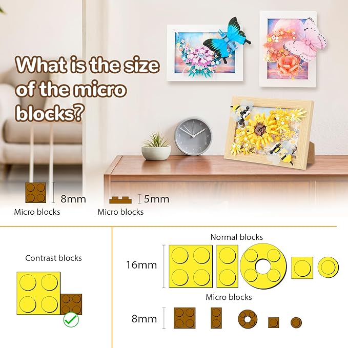 Bee Insects Flowers Photo Frame Micro Mini Bricks Building Set, Botanical Collection Wall Art Home Office Decor, Ideas Gift Building Toy for Boys Girls Adults(Not Compatible with Lego Set, P2276)