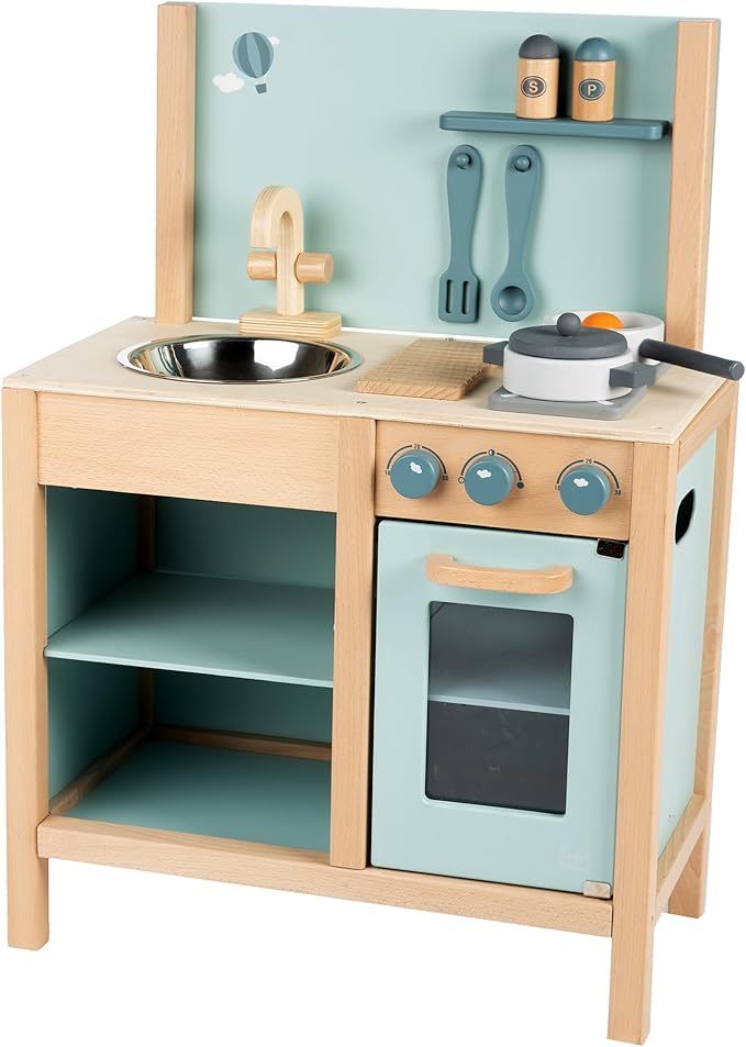 Wooden Kitchen Play Set - Green - Standing Appliance Toy, Cooking & Food Accessories, Storage-Oven-Sink, Pretend Play Station, Kid Age 3+