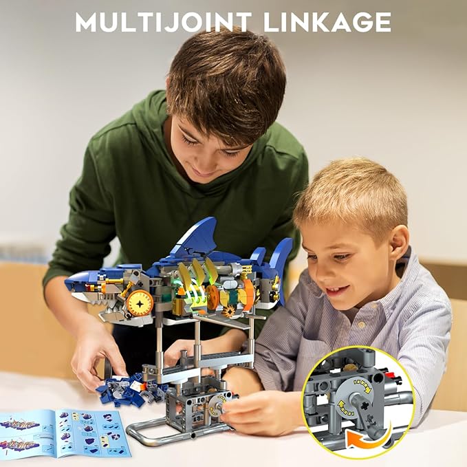 Mechanical Shark Building Set with LED Light, 687 PCS Movable Ocean Animal with Display Stand, Sea Fish Building Block Toy, Home Decor Gift for Adults Teens Kids Boys Ages 12+