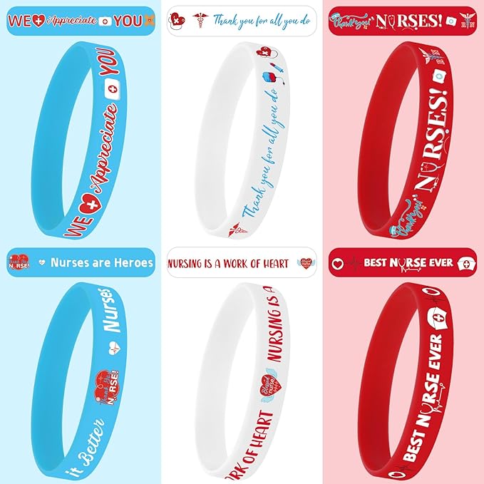 JUNEBRUSHS 24Pcs Nurse Inspirational Silicone Rubber Wristbands Bracelets for Nurse Appreciation Week Decorations Party Favors Supplies(6 Designs)