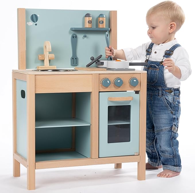 Wooden Kitchen Play Set - Green - Standing Appliance Toy, Cooking & Food Accessories, Storage-Oven-Sink, Pretend Play Station, Kid Age 3+