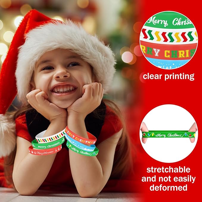 NEBURORA 72 Pack Christmas Wristband 6 Style Silicone Bracelet Xmas Rubber Band for Christmas Party Decor Merry Christmas Pattern Wrist Band Party Supplies