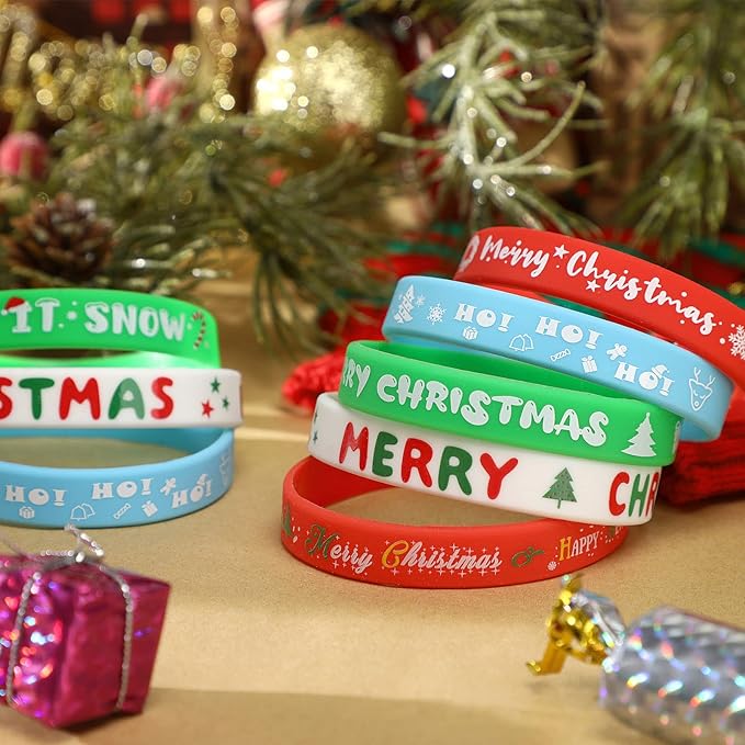 JUNEBRUSHS 24Pcs Christmas Silicone Bracelets, Rubber Wristbands Christmas Party Favors for Kids Decorations for Xmas Stocking Stuffers Wrist Band Accessories Gifts Supplies