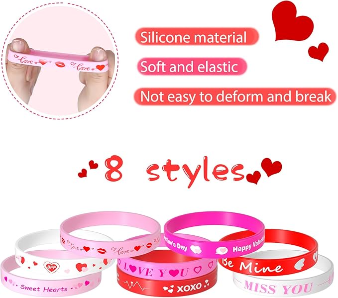 NEBURORA 16 Pieces Valentine's Day Silicone Wristbands Pink Red Heart Rubber Bracelets for Valentine's Gift Party Decoration Favors
