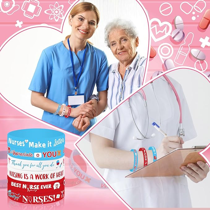 JUNEBRUSHS 24Pcs Nurse Inspirational Silicone Rubber Wristbands Bracelets for Nurse Appreciation Week Decorations Party Favors Supplies(6 Designs)