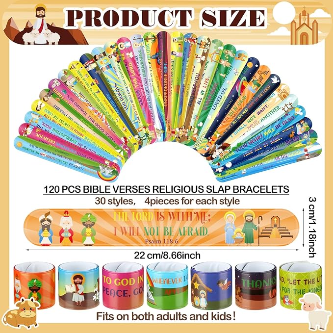 Sasylvia 320 Pcs Bible Verse Christian Slap Bracelets Party Favors for Kids Bulk Include 120 Religious Treat Bag Stuffers Snap Bracelets Kids Bracelets with 200 Bible Stickers for School Supplies