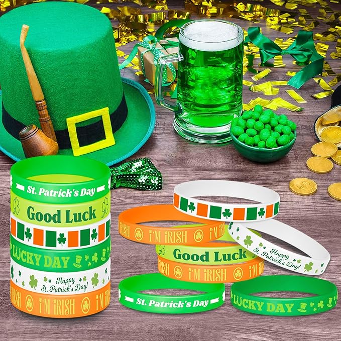 NEBURORA 72 Pcs St. Patrick's Day Rubber Bracelets Green Lucky Shamrock Silicone Wristbands for St Patricks Day Accessories Party Decoration Favors