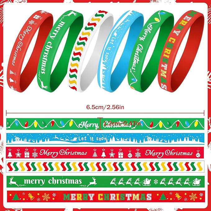 NEBURORA 72 Pack Christmas Wristband 6 Style Silicone Bracelet Xmas Rubber Band for Christmas Party Decor Merry Christmas Pattern Wrist Band Party Supplies