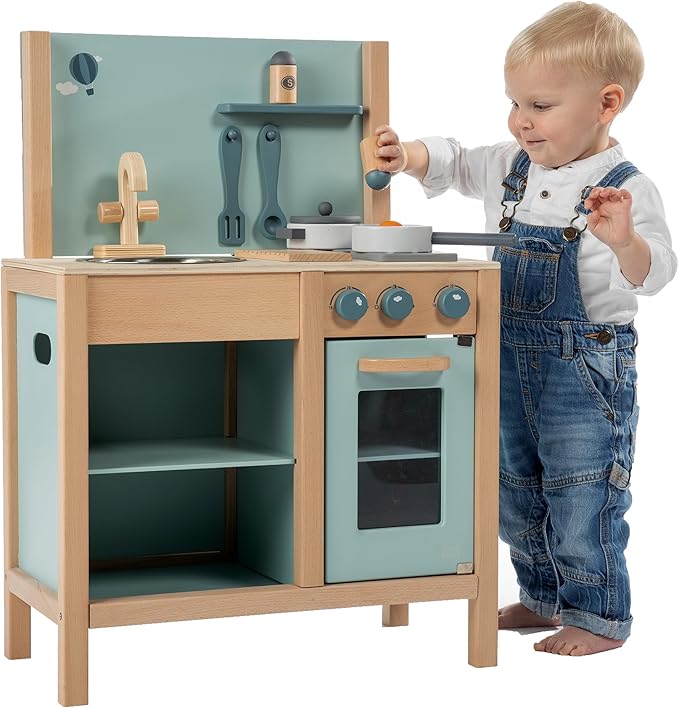 Wooden Kitchen Play Set - Green - Standing Appliance Toy, Cooking & Food Accessories, Storage-Oven-Sink, Pretend Play Station, Kid Age 3+