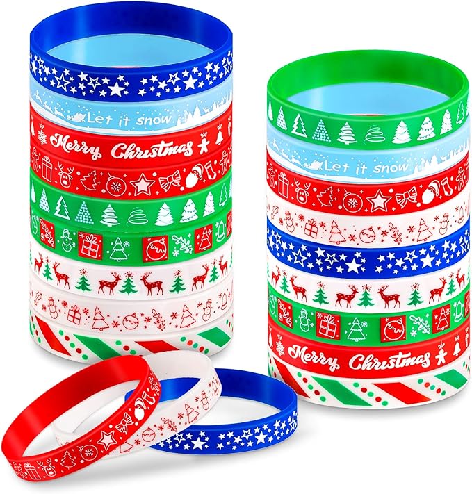 Whaline 54pcs Christmas Silicone Bracelet Xmas Rubber Band Wristband Merry Christmas Wristband, Accessories Gift for Holiday Decoration Wrist Band Party Supplies