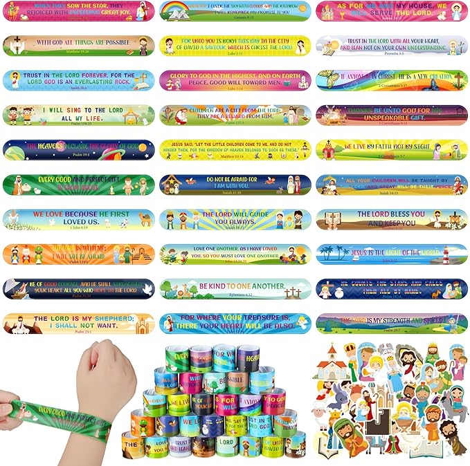 Sasylvia 320 Pcs Bible Verse Christian Slap Bracelets Party Favors for Kids Bulk Include 120 Religious Treat Bag Stuffers Snap Bracelets Kids Bracelets with 200 Bible Stickers for School Supplies