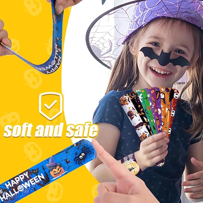Shindel Halloween Slap Bracelets, 96PCS Kids Halloween Party Favors Halloween Slap Bands Wristbands Bulk for Goodie Bag Stuffers Trick or Treat
