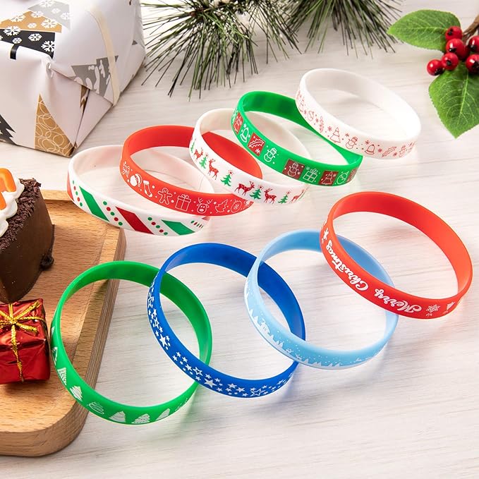 Whaline 54pcs Christmas Silicone Bracelet Xmas Rubber Band Wristband Merry Christmas Wristband, Accessories Gift for Holiday Decoration Wrist Band Party Supplies