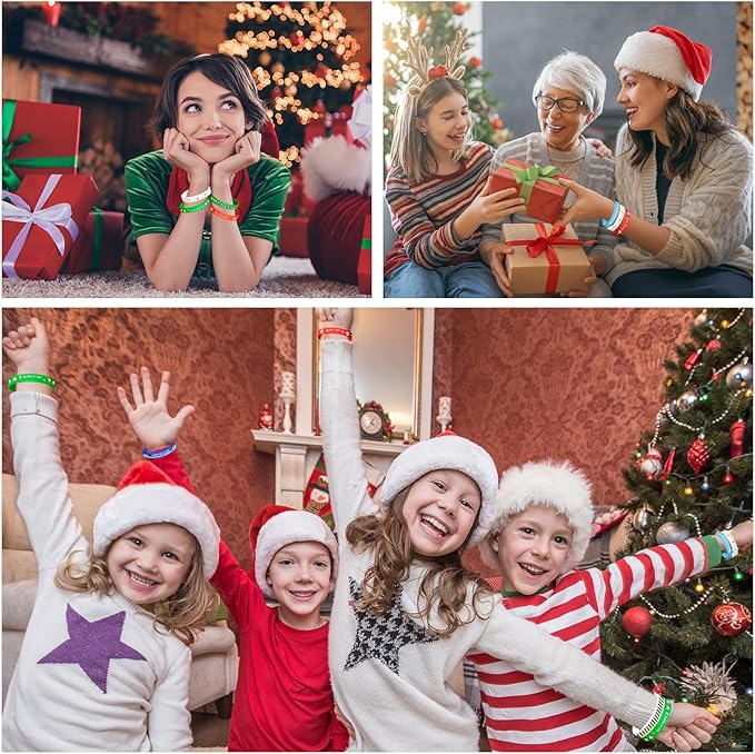 NEBURORA 48pcs Christmas Wristband Silicone Bracelets for Kids 8 Style Xmas Pattern Rubber Wristband Wrist Band Bulk for Merry Christmas Classroom Gifts Theme Party Decor Supplies Favor