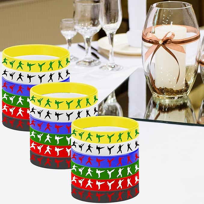 CupaPlay 24PCS Taekwondo Karate Rubber Wristbands Kung Fu Wrestling Theme Party Supplies Decorations Birthday Baby Shower Silicone Wristbands Party Favors