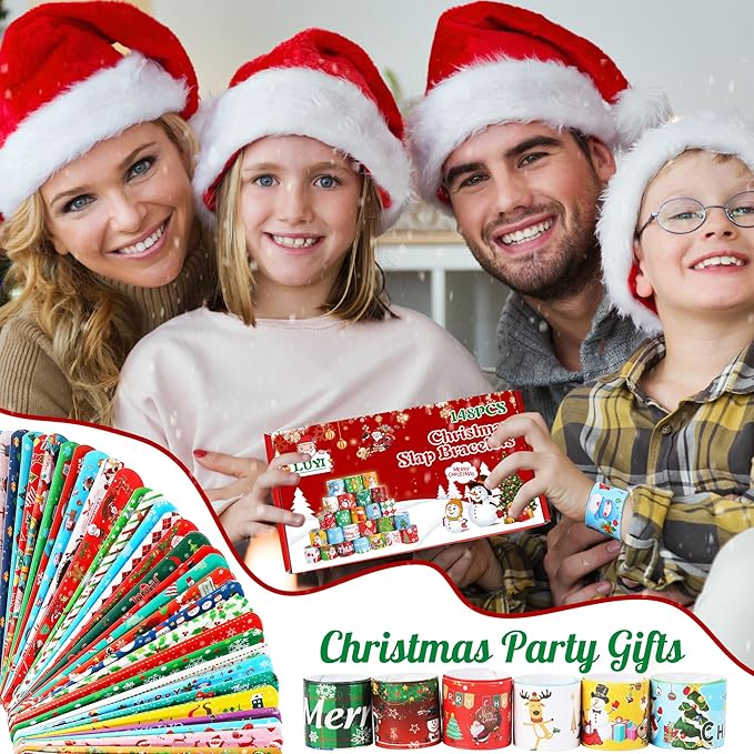 LUYI 148 PCS Christmas Slap Bracelets Christmas Party Favors Supplies for Xmas Slap Snap Bracelets Bulk Christmas Toys for Christmas Stocking Stuffers Decoration Gifts Bag Filler