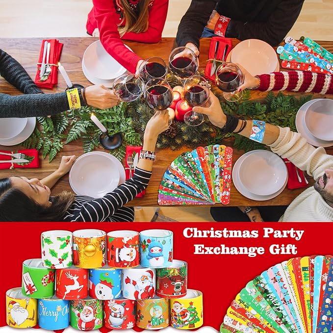 LUYI 148 PCS Christmas Slap Bracelets Christmas Party Favors Supplies for Xmas Slap Snap Bracelets Bulk Christmas Toys for Christmas Stocking Stuffers Decoration Gifts Bag Filler