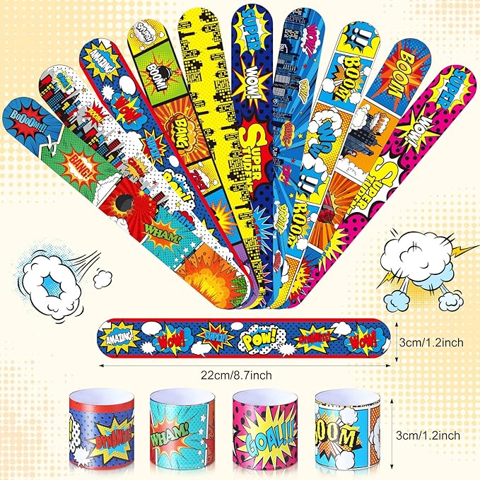 Junkin 40 Pieces Hero Tie Dye Party Favors Slap Bracelets for Kids Boys Girls Snap Bracelets Party Supplies Wristband Birthday Supplies Decorations, 10 Styles (Hero)
