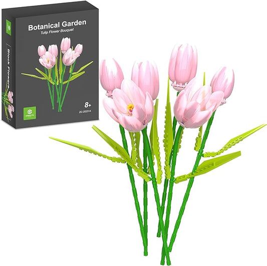 Flower Bouquet Building Toy Set Tulips, Botanical Building Blocks for Adults Home Office Decor Pink Color