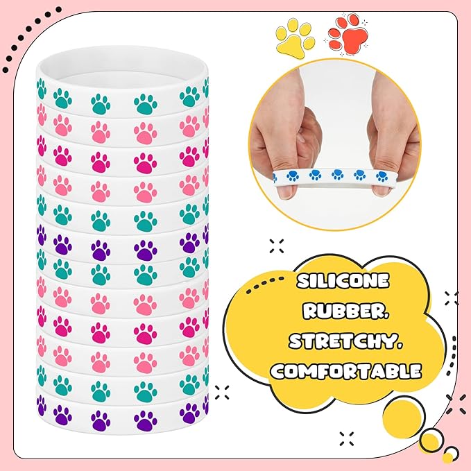 Funtery 100 Pcs Paw Print Rubber Bracelet Silicone Stretch Wristbands Dog Paw Silicone Bracelet Rubber Wristbands Dog Party Favors Birthday Party Supplies Decorations(Bright Color)