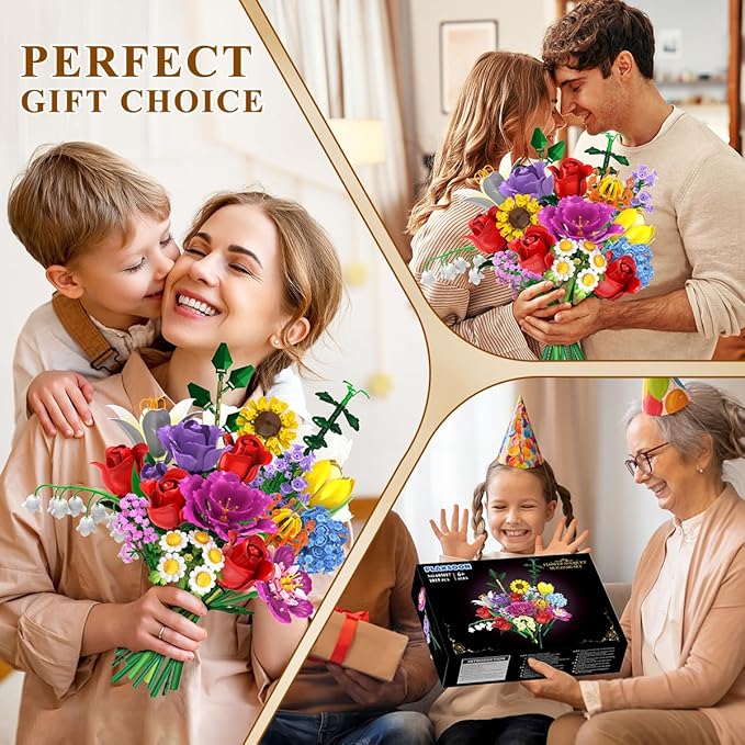 Flower Bouquet Building Set Valentines Day, 18 Flowers Rose Building Block, Botanical Collection Building Block Toy Plant Home Decor 1015 PCS, Gift for Her Adults Women Kids Boys Girls 8-12+