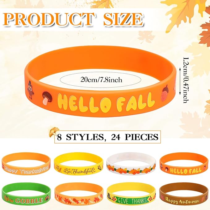 JUNEBRUSHS 24Pcs Thanksgiving Silicone Bracelets Rubber Wristbands Fall Party Favors for Kids Decorations for Autumn Thanksgiving Party Kids Stuffers Filler Accessories Gifts Supplies