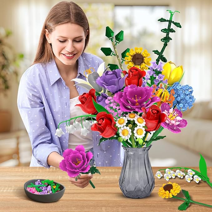 Flower Bouquet Building Set Valentines Day, 18 Flowers Rose Building Block, Botanical Collection Building Block Toy Plant Home Decor 1015 PCS, Gift for Her Adults Women Kids Boys Girls 8-12+