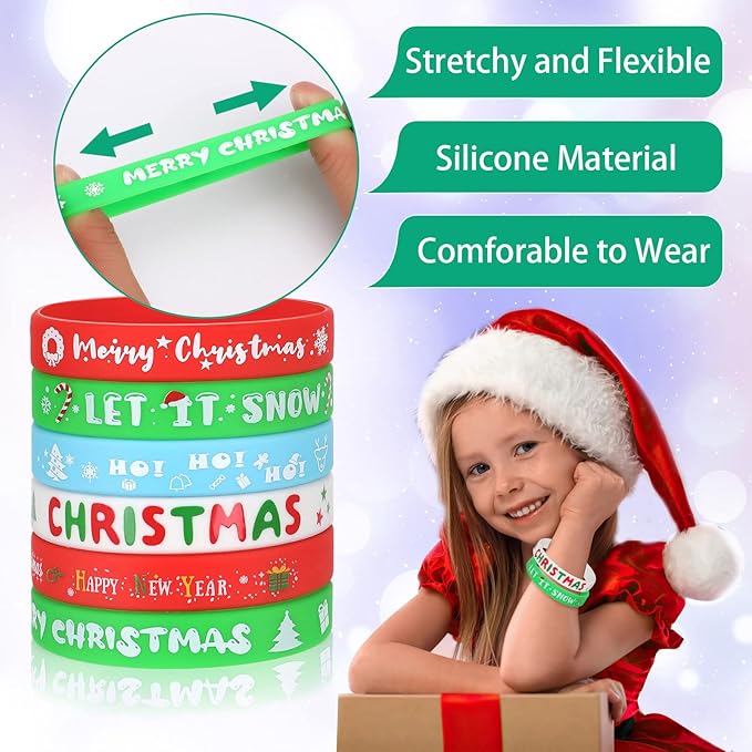 JUNEBRUSHS 24Pcs Christmas Silicone Bracelets, Rubber Wristbands Christmas Party Favors for Kids Decorations for Xmas Stocking Stuffers Wrist Band Accessories Gifts Supplies