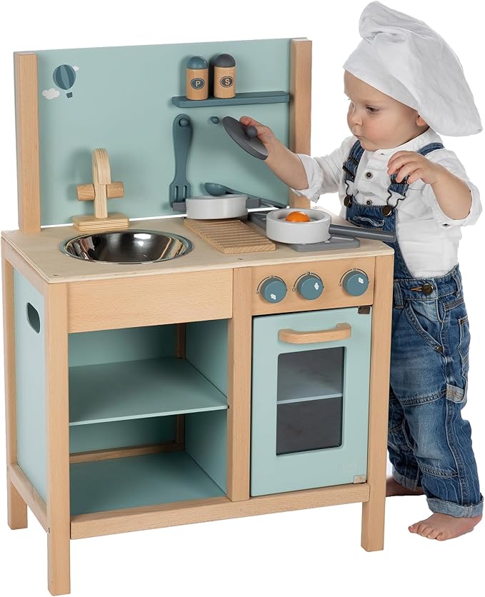 Wooden Kitchen Play Set - Green - Standing Appliance Toy, Cooking & Food Accessories, Storage-Oven-Sink, Pretend Play Station, Kid Age 3+