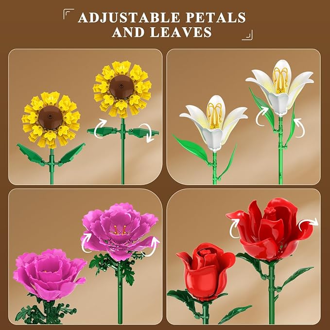 Flower Bouquet Building Set Valentines Day, 18 Flowers Rose Building Block, Botanical Collection Building Block Toy Plant Home Decor 1015 PCS, Gift for Her Adults Women Kids Boys Girls 8-12+