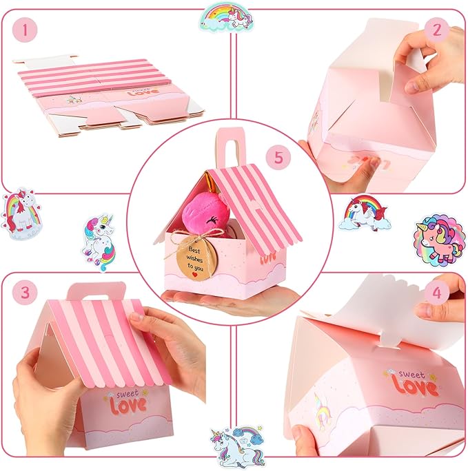 Remuuly Valentines Unicorn Party Favor for Girls Mini Unicorns Stuffed Animals Bulk Plush Keychains Gift Box Bracelet Sticker for Goodie Bag Birthday Students(100 Pcs)