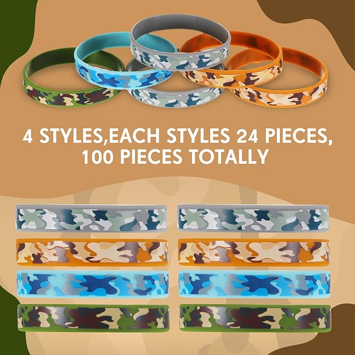 Inbagi 100 Pcs Camouflage Army Rubber Bracelets Camouflage 4 Styles Assorted Wristbands Camo Military Stretch Rubber Bracelets for Men Kids Women Army Party Gifts Birthday Party Decorations Supplies
