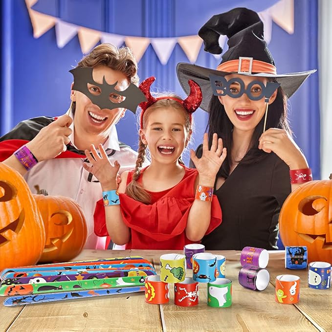Halloween Party Favors for Kids, 48 PCS Halloween Slap Bracelets Assorted Bulk Party Decorations, Snap Bracelet Wristbands for Kids Print with Spider Pumpkin Ghost Print Halloween Treats Supplies