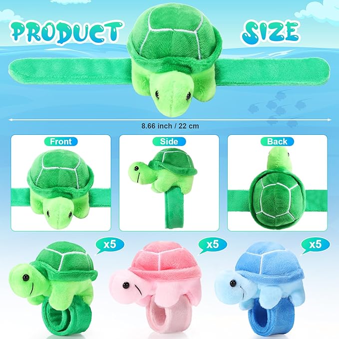 Lenwen 15 Pcs Stuffed Turtle Slap Bracelets Bulk Adorable Plush Turtle Stuffed Animals Slap Bracelets for Birthday Sea Party Favors Decor Goodie Bag Stuffers(Cute)