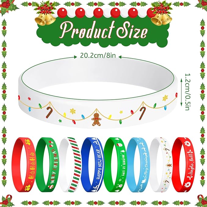 NEBURORA 48pcs Christmas Wristband Silicone Bracelets for Kids 8 Style Xmas Pattern Rubber Wristband Wrist Band Bulk for Merry Christmas Classroom Gifts Theme Party Decor Supplies Favor