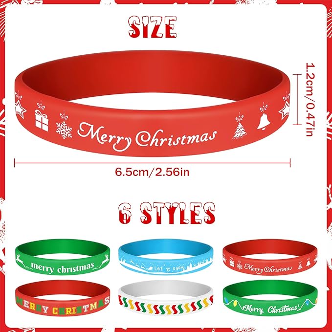 NEBURORA 24 Pack Christmas Wristband 6 Style Silicone Bracelet Wristbands Xmas Rubber Band for Christmas Party Decor 6 Merry Christmas Pattern Wrist Band Party Supplies