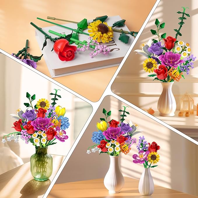 Flower Bouquet Building Set Valentines Day, 18 Flowers Rose Building Block, Botanical Collection Building Block Toy Plant Home Decor 1015 PCS, Gift for Her Adults Women Kids Boys Girls 8-12+