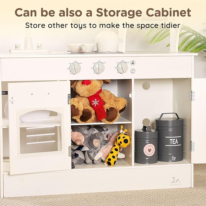 SainSmart Jr. Kitchen for Kids, Wooden Play Kitchen with Toy Storage System, Toy Kitchen Set with Plenty of Play Features, Kids Play Kitchen Designed, Gift for Ages (Cream White)