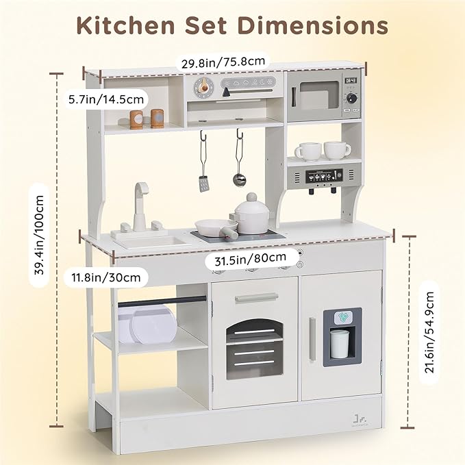 SainSmart Jr. Kitchen for Kids, Wooden Play Kitchen with Toy Storage System, Toy Kitchen Set with Plenty of Play Features, Kids Play Kitchen Designed, Gift for Ages (Cream White)