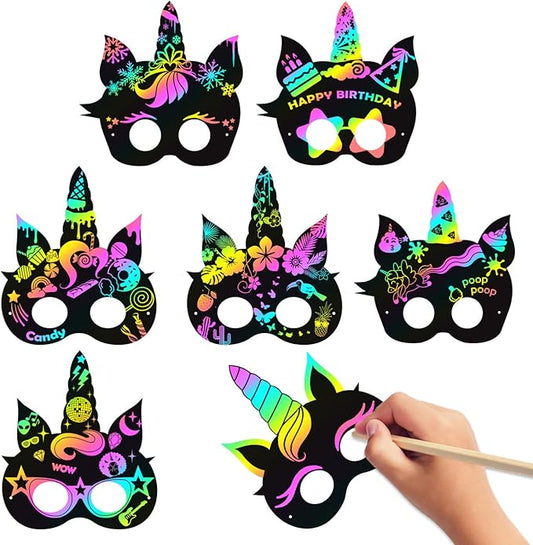 MALLMALL6 24Pcs Magic Horse Mask Scratch DIY Masks Party Favors Color Reveal Scratchboard Magic Horse Theme Birthday Party Supplies Decorations Dress Up Costumes Crafts Kit for Boys Girls